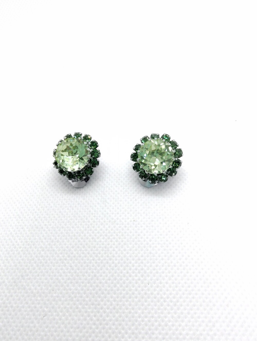 Vintage Light And Dark Green Rivoli Crystal smaller button earrings clips